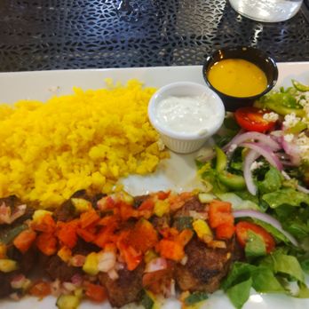 Hellenic Greek Kitchen - Kebab plate with yellow rice and Greek salad - Greek Near Me - Charlotte, North Carolina Hellenic Greek Kitchen - Kebab plate with yellow rice and Greek salad - Greek Near Me - Charlotte, North Carolina
