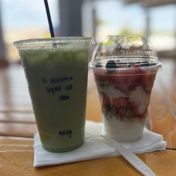 Aspire Coffee House - Berry Matcha and Almond milk based parfait with granola, strawberries and blueberries - Coffee & Tea Near Me - Las Vegas, Nevada Aspire Coffee House - Berry Matcha and Almond milk based parfait with granola, strawberries and blueberries - Coffee & Tea Near Me - Las Vegas, Nevada