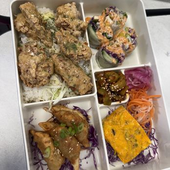 Azure - Karaage Bento Box with a spring roll, gyoza, a delicious egg dish *also came with miso soup and a salad* - Desserts Near Me - Austin, Texas Azure - Karaage Bento Box with a spring roll, gyoza, a delicious egg dish *also came with miso soup and a salad* - Desserts Near Me - Austin, Texas