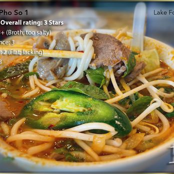 Pho So 1 - No 94: Bún Bò Huê - Spicy noodle soup; good portions; broth too salty. Often, extra salt is added to hide the lack of flavor. - Vietnamese Near Me - Lake Forest, California Pho So 1 - No 94: Bún Bò Huê - Spicy noodle soup; good portions; broth too salty. Often, extra salt is added to hide the lack of flavor. - Vietnamese Near Me - Lake Forest, California