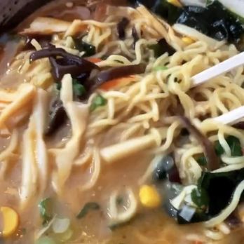 Kosuke Ramen - Vegetable Ramen (no fish sauce) and I added Spicy Bamboo Shoots and Crispy Garlic, Medium Spice. - Ramen Near Me - Ontario, California