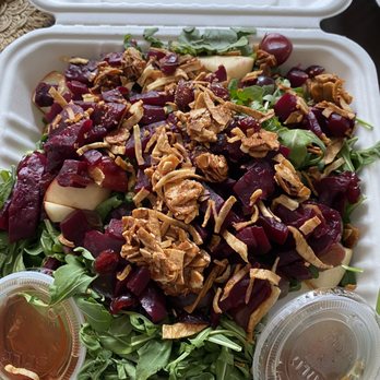 Rail Trail Flatbread - Honey Beet Salad- roasted beets, arugula, opal apple, grapes, fried celery root, almond streusel, dried cranberries - Bars Near Me - Hudson, Massachusetts