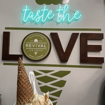 Revival Ice Cream - Double scoop of dairy-free Bee's Knees and Apple Pie with gluten-free waffle cone - Ice Cream & Frozen Yogurt Near Me - Monterey, California Revival Ice Cream - Double scoop of dairy-free Bee's Knees and Apple Pie with gluten-free waffle cone - Ice Cream & Frozen Yogurt Near Me - Monterey, California