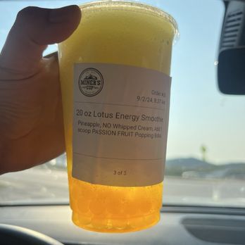Miner's Cup - 20 oz Pineapple Lotus Energy Smoothie with Passion Fruit Popping Boba - Coffee & Tea Near Me - Custer, South Dakota Miner's Cup - 20 oz Pineapple Lotus Energy Smoothie with Passion Fruit Popping Boba - Coffee & Tea Near Me - Custer, South Dakota