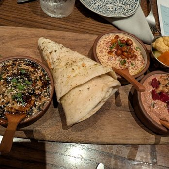 Ela - Triple mezze dip platter - Mediterranean Near Me - Atlanta, Georgia Ela - Triple mezze dip platter - Mediterranean Near Me - Atlanta, Georgia