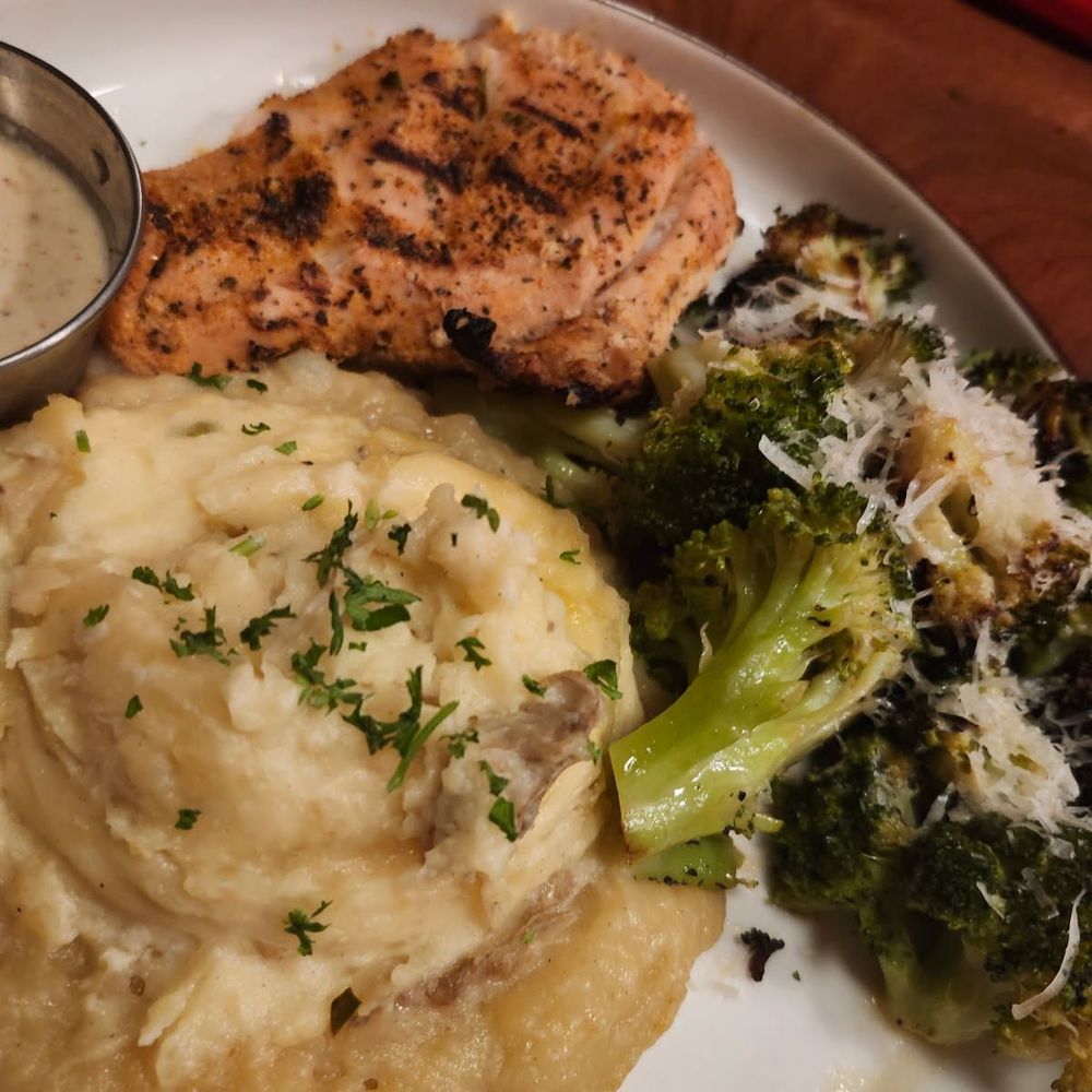 HG Sply Co. - Alliance - Farmhouse chicken with grilled broccoli and garlic mashed potatoes with a side of white bbq sauce - Breakfast & Brunch Near Me - Fort Worth, Texas HG Sply Co. - Alliance - Farmhouse chicken with grilled broccoli and garlic mashed potatoes with a side of white bbq sauce - Breakfast & Brunch Near Me - Fort Worth, Texas