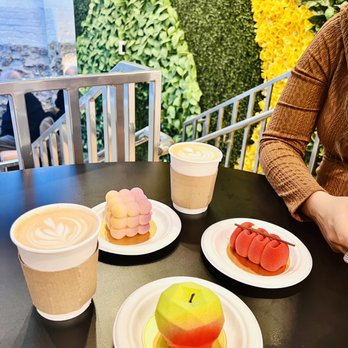 Jonquils Cafe & Bakery - Spanish Latte, Specialty Latte, Apple Caramel, Guava and Dark chocolate- raspberry - Cafes Near Me - Boston, Massachusetts