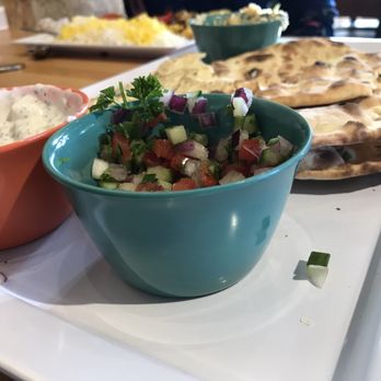 Chello Grill - Naan and sides. Cucumber salad. Hummus. Cucumber and yogurt sauce. - Mediterranean Near Me - Albuquerque, New Mexico