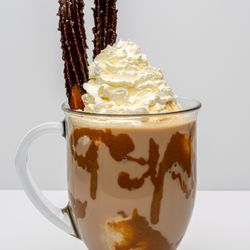 El Bajon Churros - Nana's Favorite, sweet Iced coffee w/milk, vanilla ice cream, dulce de leche, whipped cream and a chocolate covered churros