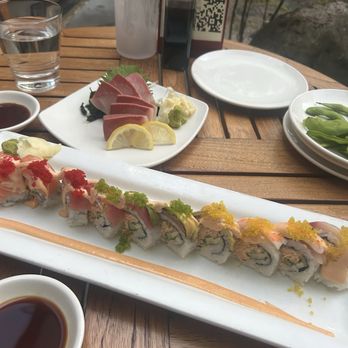 Momiji - Spicy Rainbow roll, Hamachi (Yellowtail) (Sashimi) - Japanese Near Me - Seattle, Washington Momiji - Spicy Rainbow roll, Hamachi (Yellowtail) (Sashimi) - Japanese Near Me - Seattle, Washington