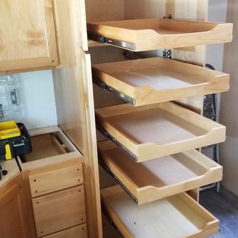 Gentry Custom Remodel - Roll out shelf units in our new custom pantry cabinet - Cabinetry Near Me Gentry Custom Remodel - Roll out shelf units in our new custom pantry cabinet - Cabinetry Near Me