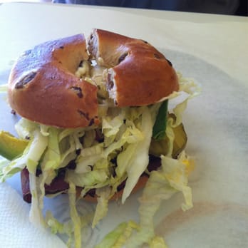 Bumblebee Donuts - Roast beef sandwich on a cinna-raisin bagel. Stacked high w lots of meat, lettuce, tomato, red onion, pickle, and avocado. - Donuts Near Me - Montebello, California