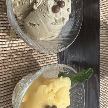 Hana Izumi - Hojicha ice cream and passion fruit sorbet.  From Mitchell's. - Japanese Near Me - Millbrae, California