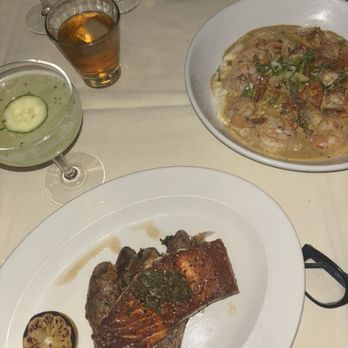 Halls Chophouse - Salmon entree and shrimp and grits entree - Steakhouses Near Me - Charleston, South Carolina Halls Chophouse - Salmon entree and shrimp and grits entree - Steakhouses Near Me - Charleston, South Carolina