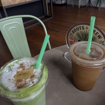 Roots and Brew Cafe - Banana matcha and iced americano - Cafes Near Me - Jefferson, Oregon Roots and Brew Cafe - Banana matcha and iced americano - Cafes Near Me - Jefferson, Oregon