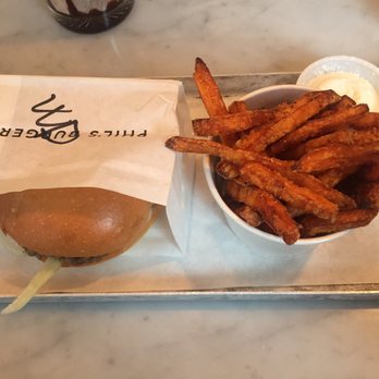 Phil's Burger - 100 gr burger & sweet potato fries + truffle sauce - Burgers Near Me - Stockholm, Alberta