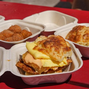 Roost Biscuit - Hot Mess Biscuit (Front), Cheese/Egg Biscuit (Right), Cinnamon Sugar Donut Holes (Left) - Breakfast & Brunch Near Me - Chicago, Illinois