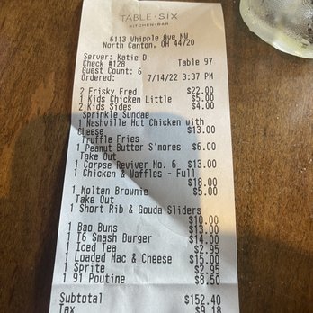 Table Six Kitchen + Bar - Bill for 5 ppl - New American Near Me - North Canton, Ohio