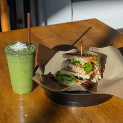 A Leap of Taste - Our Green Dream Smoothie paired with our Turkey Pesto Sandwich makes for a perfect lunch at A Leap of Taste, Klamath Falls