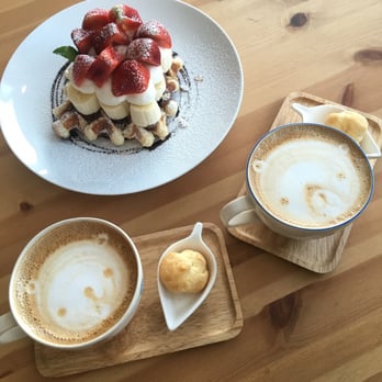 Cafe Maji - Strawberry + Banana Waffle w/ Nutella and whipped cream; Lavender Latte & Irish Cream Latte - Coffee & Tea Near Me - Artesia, California Cafe Maji - Strawberry + Banana Waffle w/ Nutella and whipped cream; Lavender Latte & Irish Cream Latte - Coffee & Tea Near Me - Artesia, California