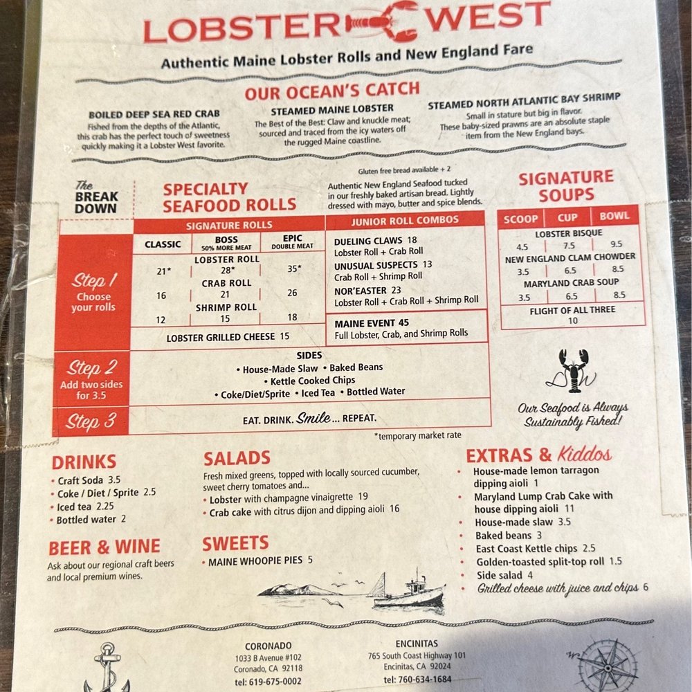 Lobster West - Menu as of 2/25/2023 - Seafood Near Me - Encinitas, California Lobster West - Menu as of 2/25/2023 - Seafood Near Me - Encinitas, California