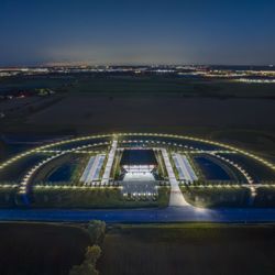 Pritzker Military Museum & Library - Dusk aerial view