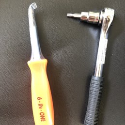 6 in one screwdriver on left, the t25 thing on the wrench looking thing