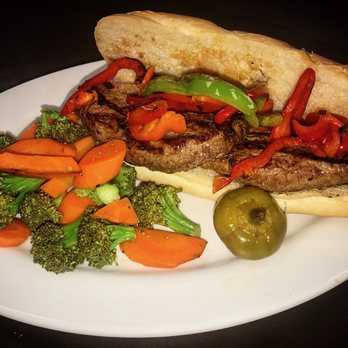 Route 1 Grill House - Open faced steak sandwich with roasted peppers - Bars Near Me - Saugus, Massachusetts Route 1 Grill House - Open faced steak sandwich with roasted peppers - Bars Near Me - Saugus, Massachusetts