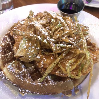 Hash Kitchen - Herb Fried Chicken & Waffle Herb fried chicken / fried leeks / warm maple reduction - Breakfast & Brunch Near Me - Scottsdale, Arizona Hash Kitchen - Herb Fried Chicken & Waffle Herb fried chicken / fried leeks / warm maple reduction - Breakfast & Brunch Near Me - Scottsdale, Arizona