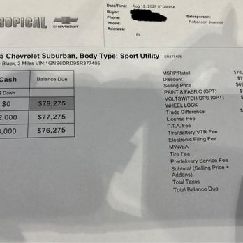 Tropical Chevrolet - BS "mandatory" fees. - Car Dealers Near Me - Miami Shores, Florida