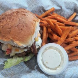 Amigos burger on GF bun with sweet potato fries Amigos burger on GF bun with sweet potato fries