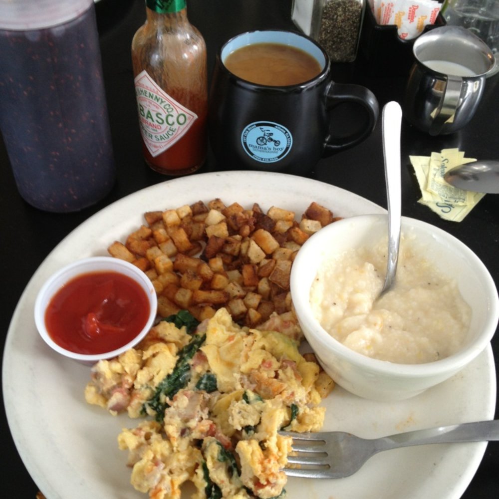 Mama's Boy - Breakfast special - scrambler with blackened chicken, spinach, onions, cheese... Plus cheesy grits and potato hash - Southern Near Me - Athens, Georgia Mama's Boy - Breakfast special - scrambler with blackened chicken, spinach, onions, cheese... Plus cheesy grits and potato hash - Southern Near Me - Athens, Georgia