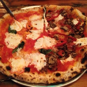 Roberta's - Margherita- half reg and the other half with mushroom, roasted red peppers and Guanciale - Pizza Near Me - Brooklyn, New York Roberta's - Margherita- half reg and the other half with mushroom, roasted red peppers and Guanciale - Pizza Near Me - Brooklyn, New York