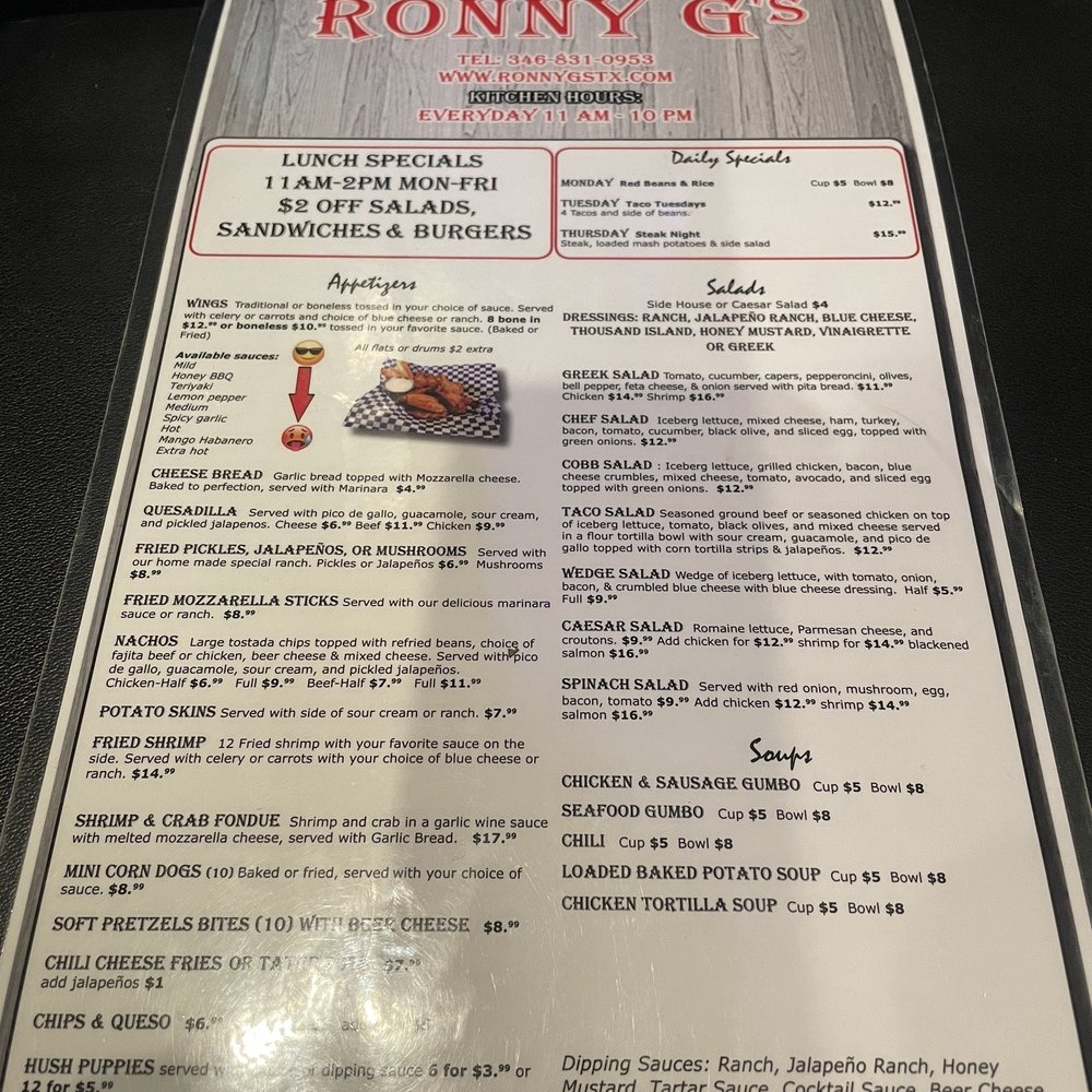 Ronny G's - Menu - Sports Bars Near Me - The Woodlands, Texas Ronny G's - Menu - Sports Bars Near Me - The Woodlands, Texas