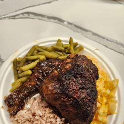 Jamaicaway Restaurant & Catering - Jerk chicken, Brown Stew Chicken, green beans, rice and peas, Mac & cheese