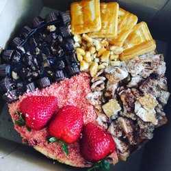 Four flavor cheesecake: chocolate peanut butter, strawberry crunch, banana pudding and Cinnamon Toast Crunch.