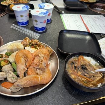 MooMoo Hot Pot - Items from the central food court (salad bar, soups, and appetizers) and the Beijing yogurt drinks - Hot Pot Near Me - Irvine, California