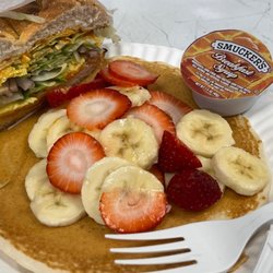 South Shore Bagels - Strawberry-Banana Pancake Combo with Egg Sandwich