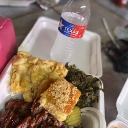 Just Cooking BBQ and More - Mac & Cheese, Brisket, Collard Greens Corn Bread, & Baked Beans.