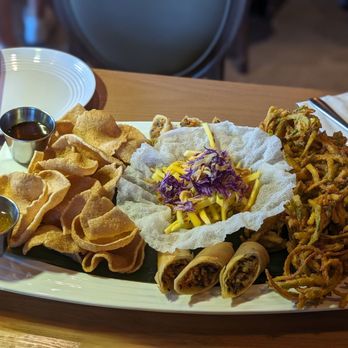 Sukho Thai - Shrimp chips with two dipping sauces, spring rolls, mango salad, and zucchini fritters - Thai Near Me - Markham, Ontario