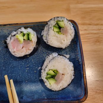 Ananto Sushi - Tiny slivers of Yellowtail in the two roll pieces on the right. - Japanese Near Me - Stevenson Ranch, California Ananto Sushi - Tiny slivers of Yellowtail in the two roll pieces on the right. - Japanese Near Me - Stevenson Ranch, California