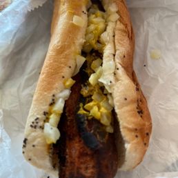 Brat, onions, mustard. Brat, onions, mustard.