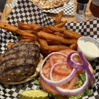 GOAT City Pub - Norton - A burger with sweet potato  fries - Pubs Near Me - Norton, Massachusetts