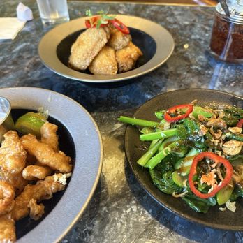 Chao - From left to right: calamari , chicken wings, gai lan - Asian Fusion Near Me - Honolulu, Hawaii