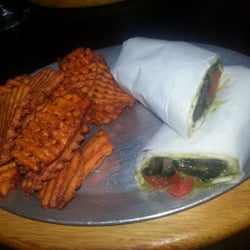Veggie wrap and sweet potato fries