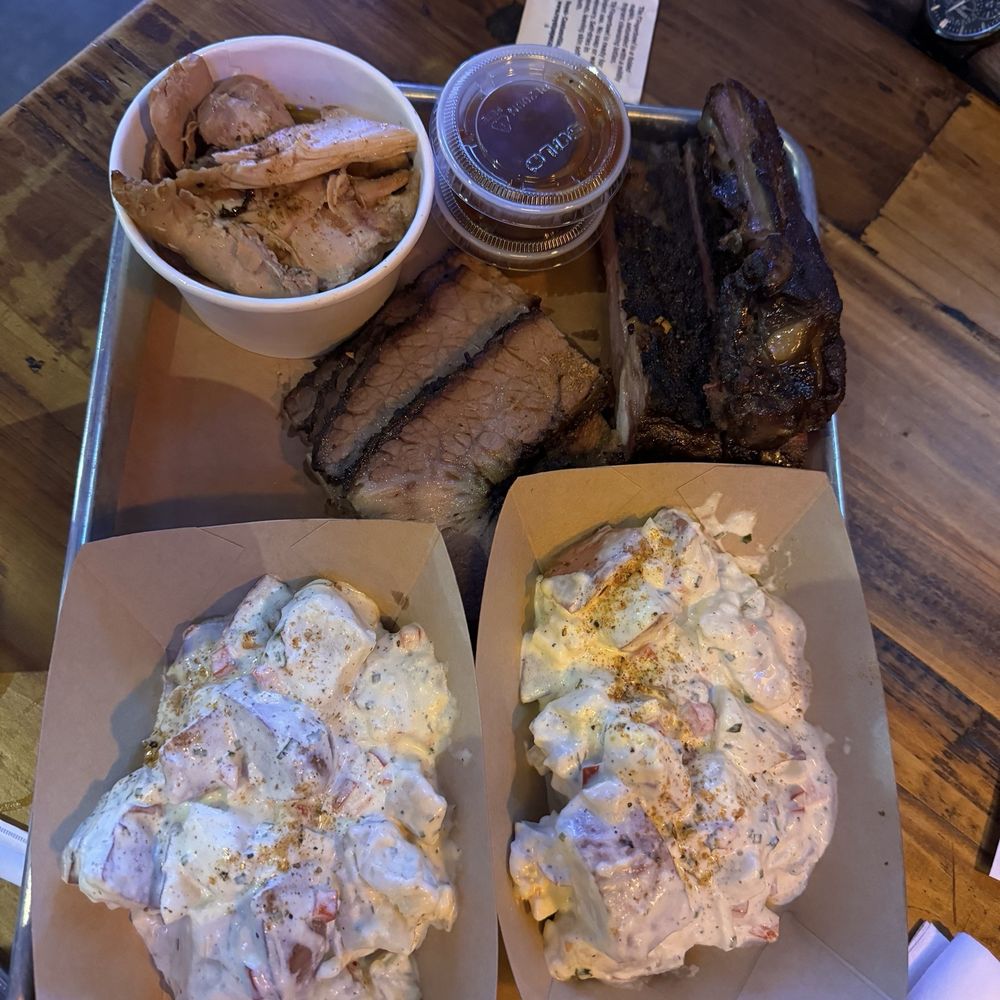 Foley Ranch, Boots & BBQ - Three meat plate with potato salad - Barbeque Near Me - Phoenix, Arizona Foley Ranch, Boots & BBQ - Three meat plate with potato salad - Barbeque Near Me - Phoenix, Arizona