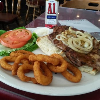 New Jersey's Restaurant - Ribeye steak sandwich with grilled onions and onion rings. - Cheesesteaks Near Me - Campbell, California