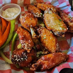 Garlic Parm wings with carrots,  celery and excellent Bleu cheese dressing!