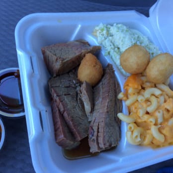 Backyard BBQ Pit - Beef brisket, Mac and cheese, slaw, 3 hush puppies come with every plate. - Barbeque Near Me - Durham, North Carolina