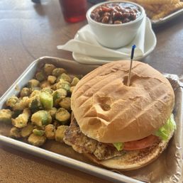Grilled Chicken Sandwich with fried okra & baked beans with delicious crispy French fries